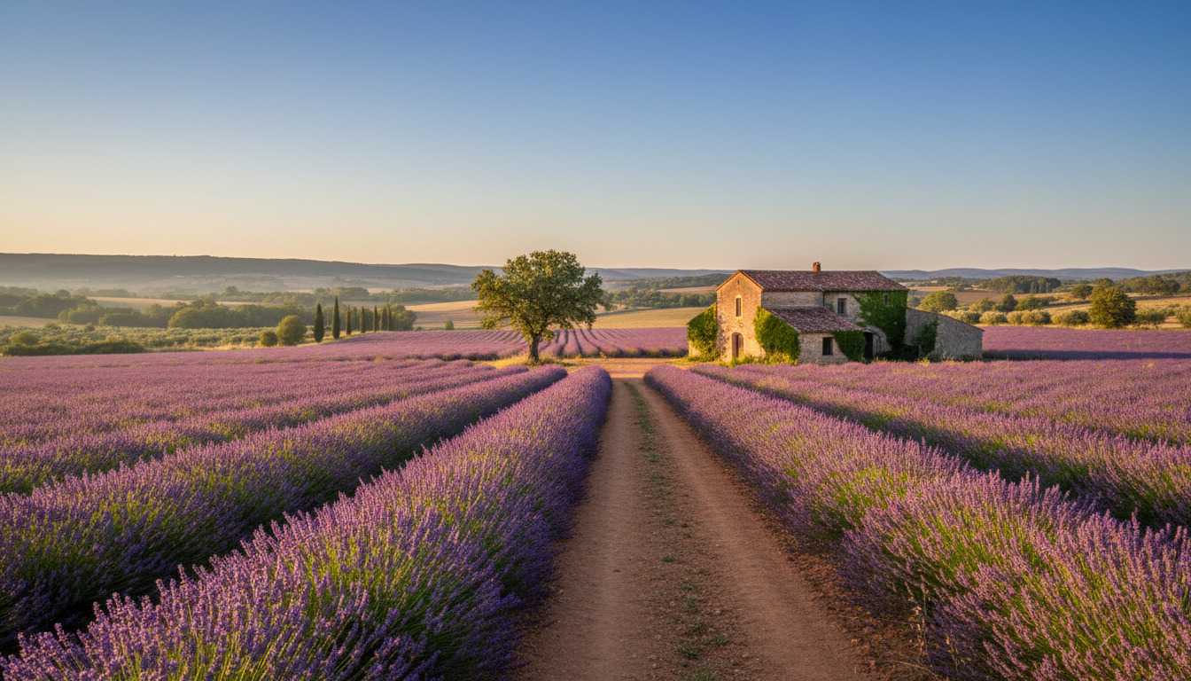 A picturesque stone farmhouse surrounded by blooming lavender fields in the French countryside