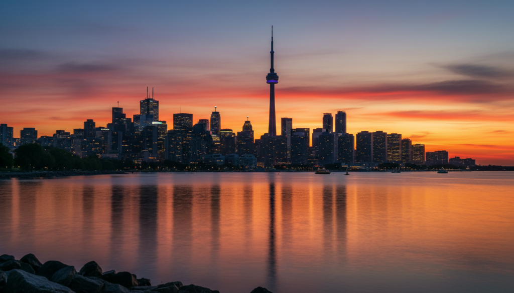 Stunning Toronto skyline at sunset featuring the CN Tower reflecting on Lake Ontario