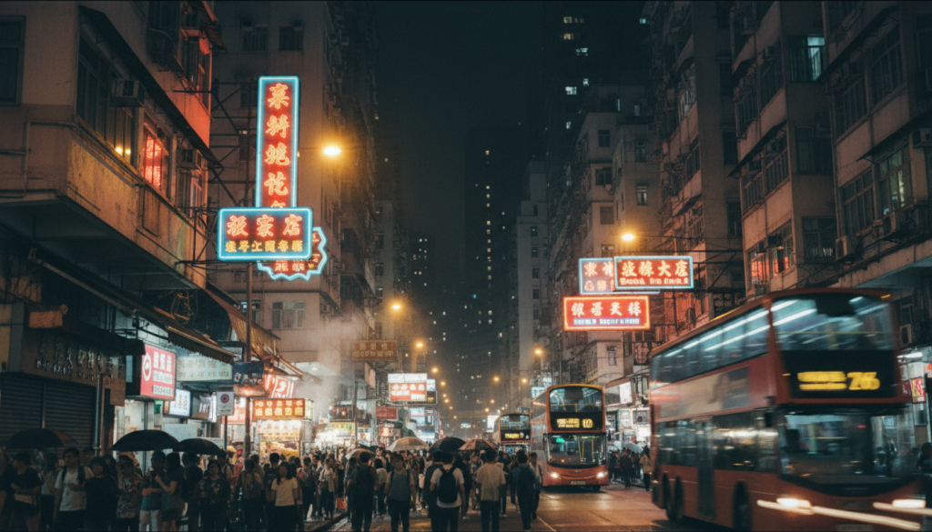 Vibrant neon signs illuminating a busy street in Mong Kok at night