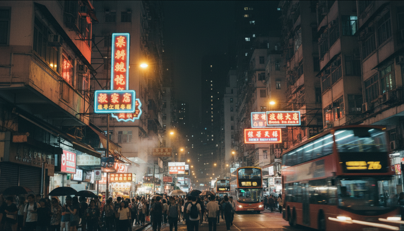 Vibrant neon signs illuminating a busy street in Mong Kok at night
