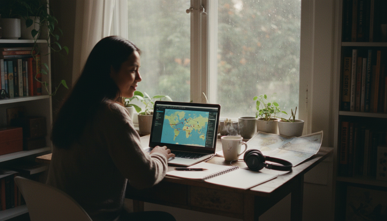 Traveler researching affordable accommodation deals on a laptop