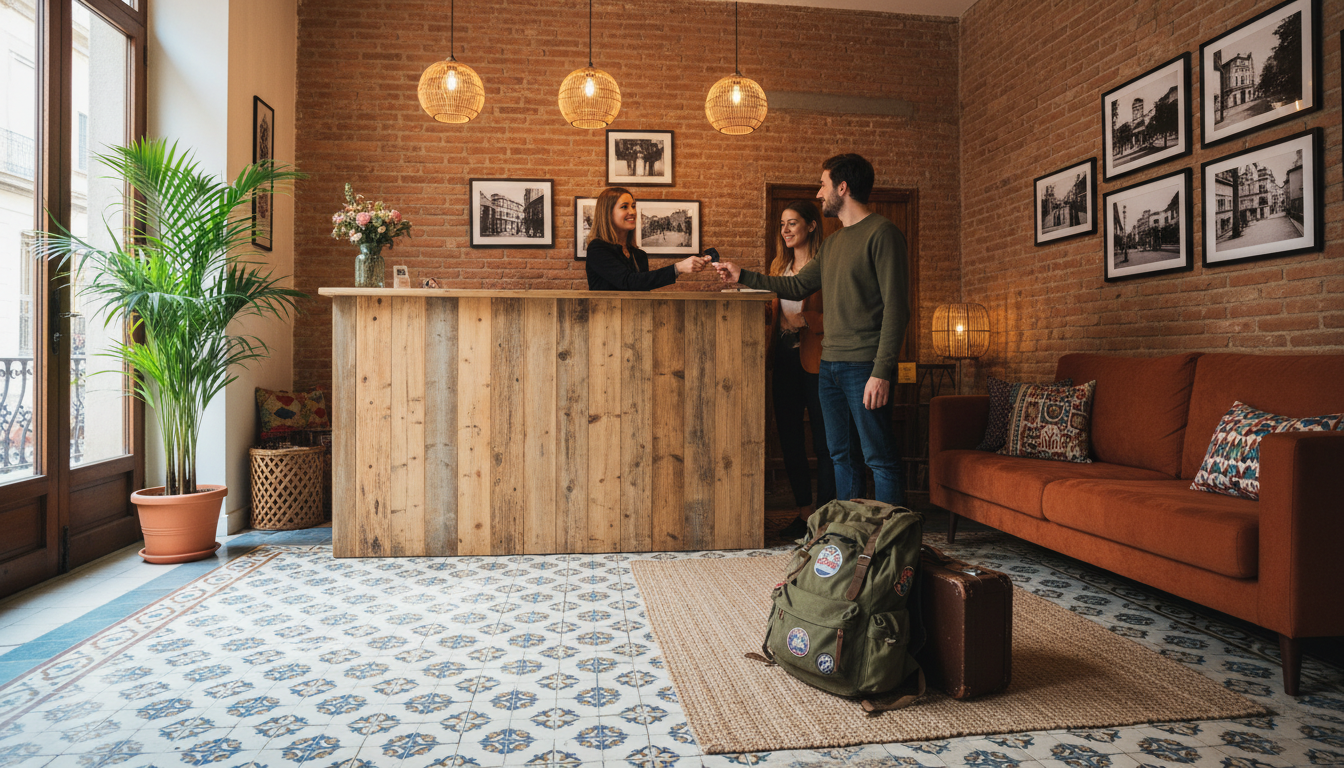 Welcoming reception desk at a budget-friendly boutique hotel in the Gracia neighborhood of Barcelona