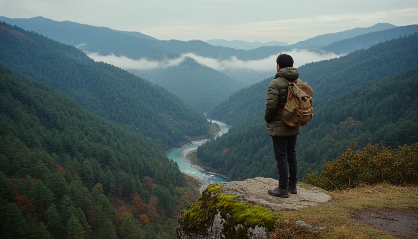 Solo backpacker looking over the lush Teesta river valley in Sikkim during a mountain trek