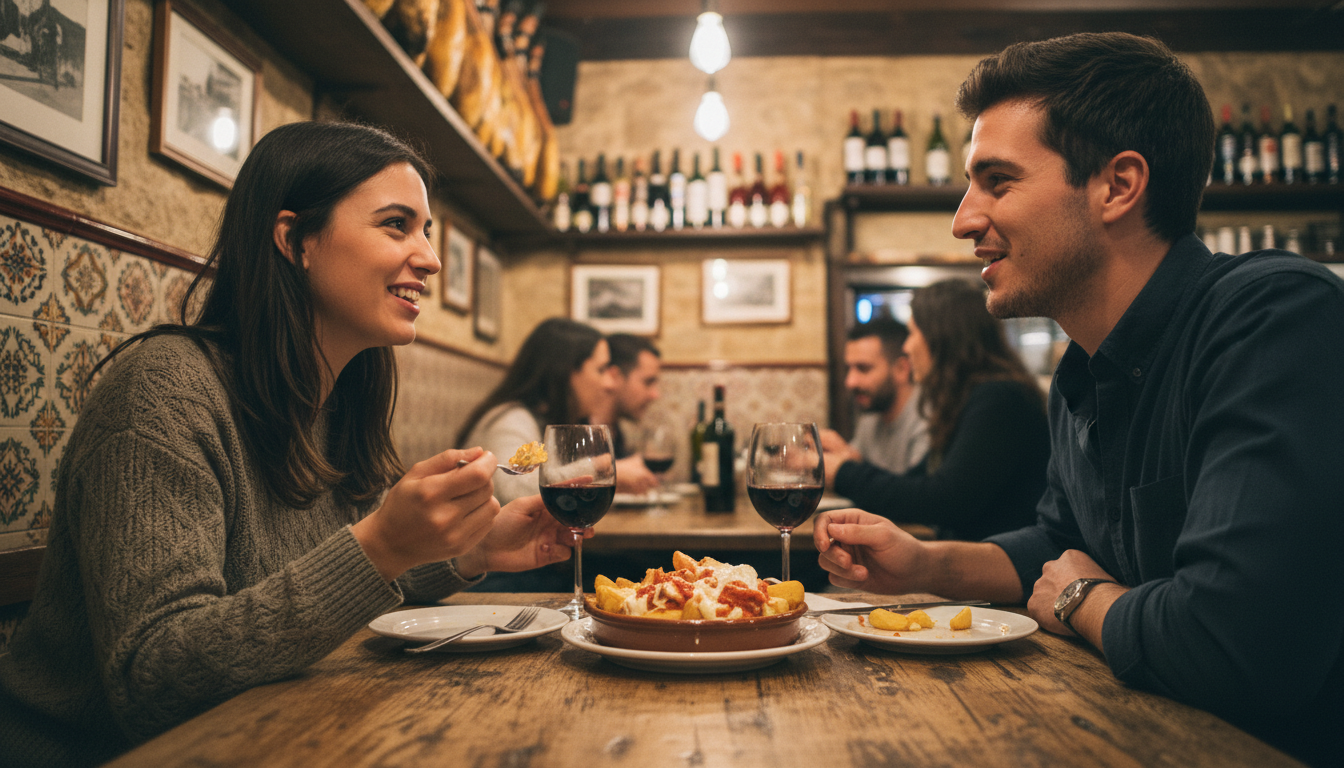 Two friends talking at a tapas bar in Madrid