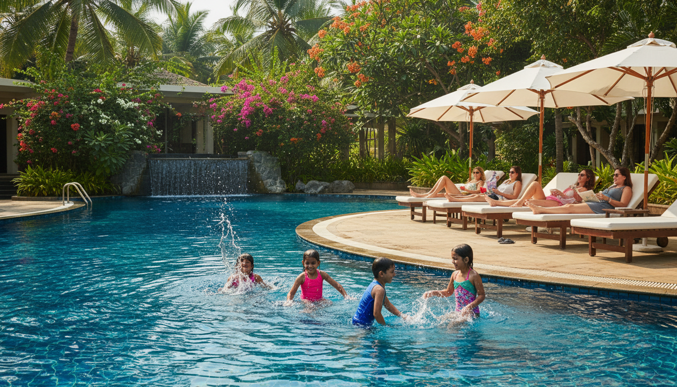 Children playing in a luxury resort swimming pool in Goa surrounded by lush gardens