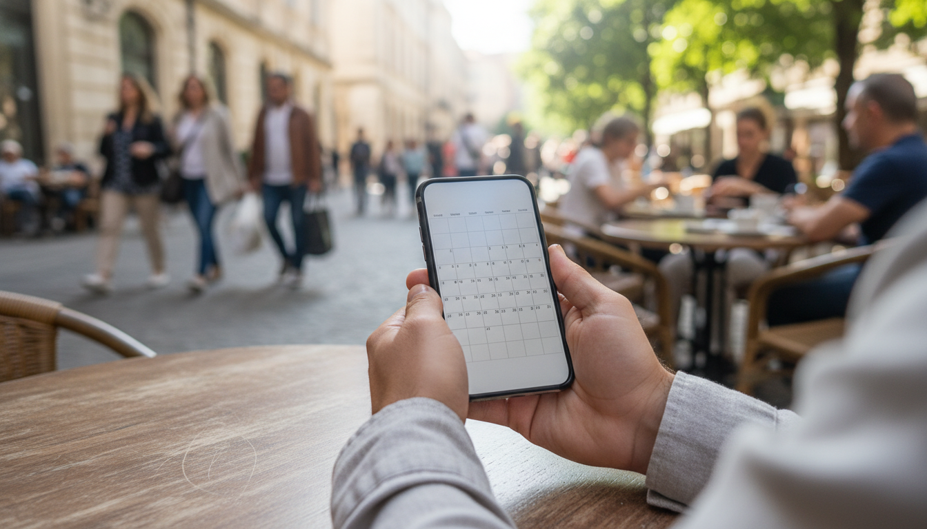Close-up of a smartphone screen showing a calendar used to plan dates for securing hotel room deals