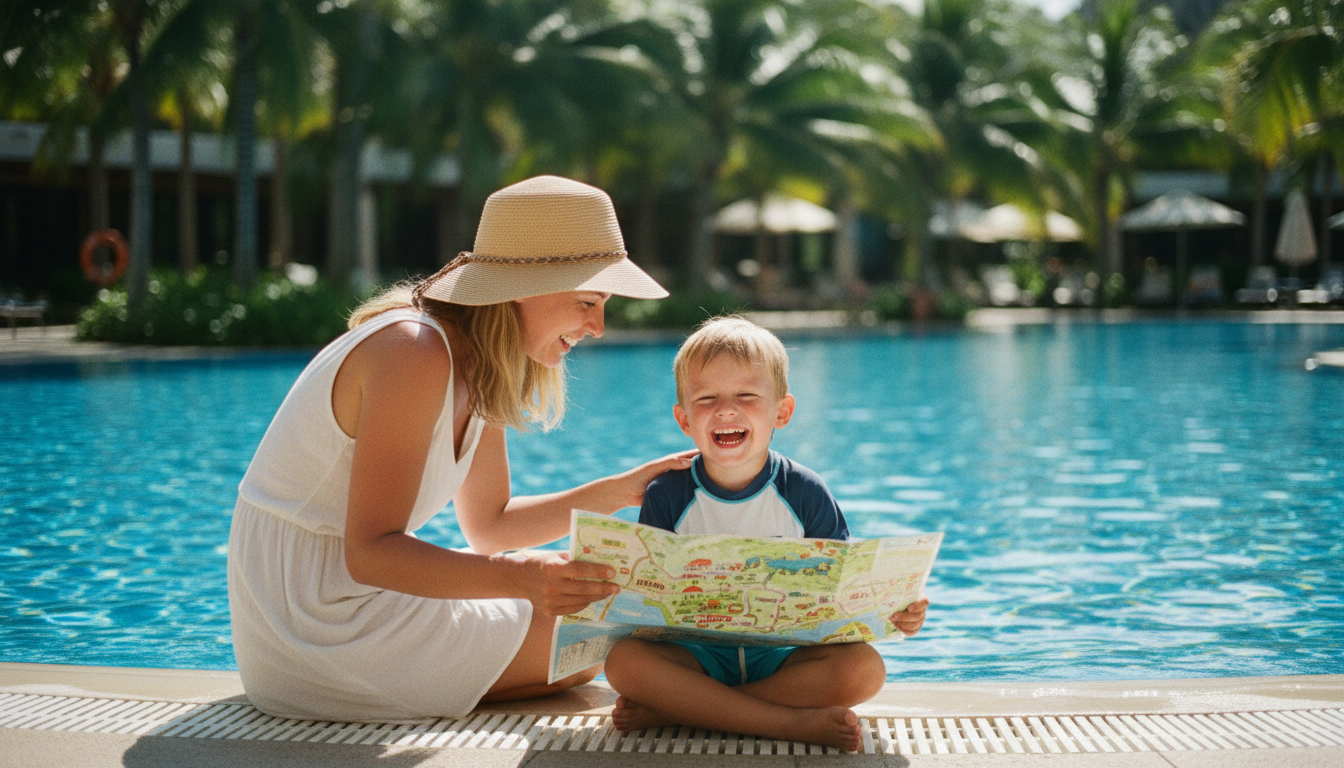 How Family Holiday Packages Changed the Way We Travel 1 Mother and son laughing by a resort pool while looking at a map during their family vacation