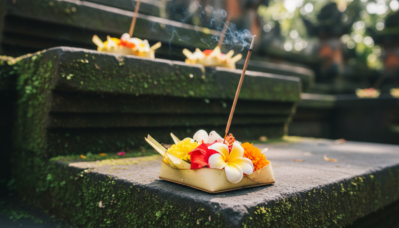A vibrant traditional Balinese daily offering resting on a mossy stone temple step