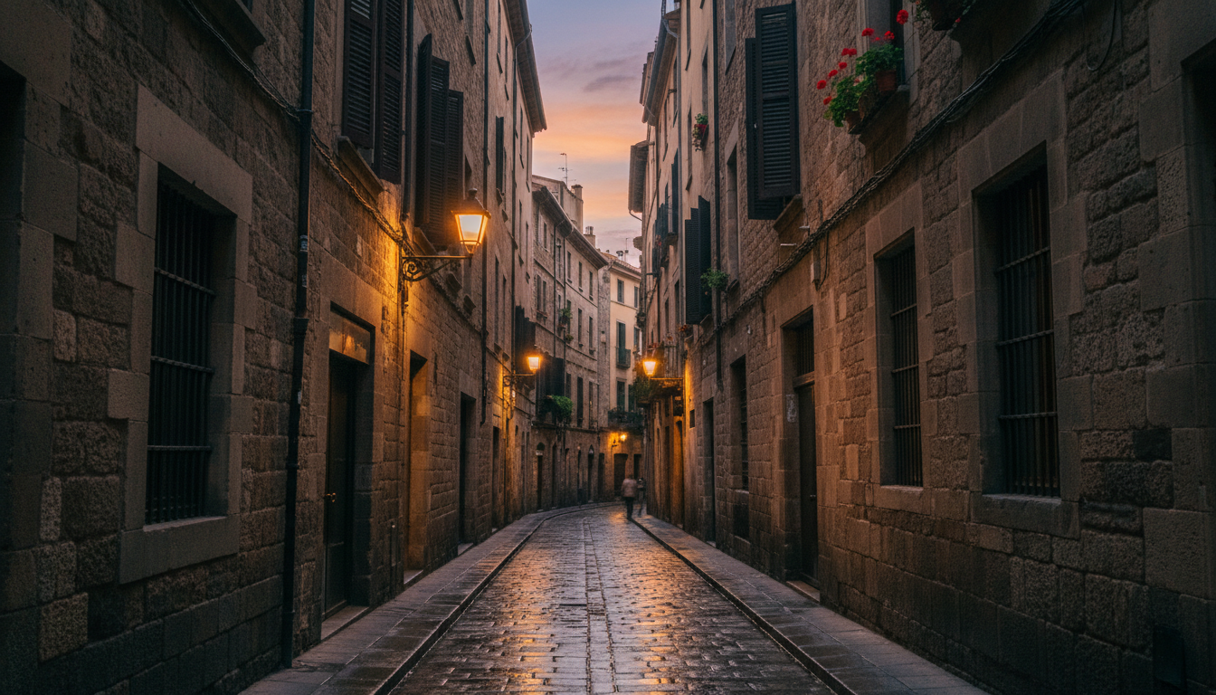 Narrow cobblestone alleyway in the Gothic Quarter of Barcelona at dusk