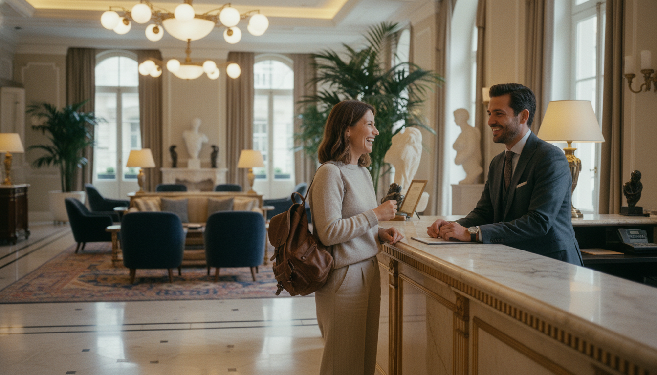 A guest talking to a hotel receptionist at a luxurious marble front desk.