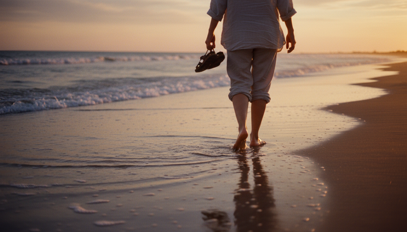 My Perfect Beach Resort Holiday: A Personal Story 1 Traveler enjoying a peaceful sunset walk barefoot along the ocean shoreline