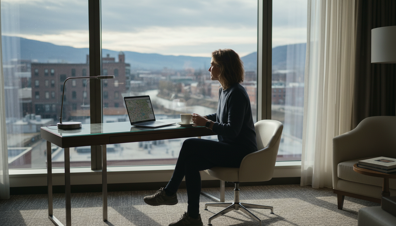 A digital nomad working remotely from a hotel desk during a monthly hotel stay.