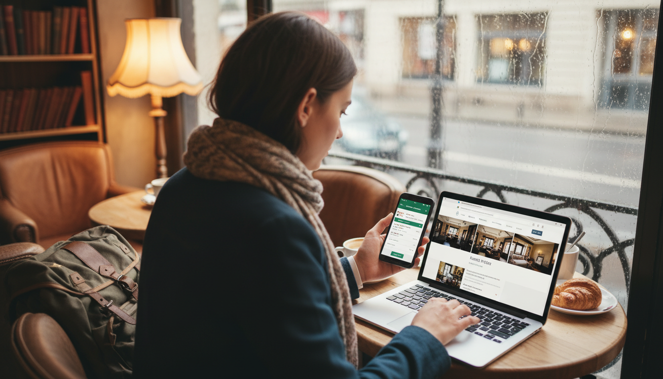 Comparing hotel prices on a smartphone app and a laptop in a cafe