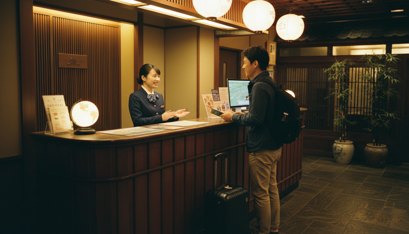 Traveler speaking directly with a hotel concierge at a wooden front desk in Tokyo