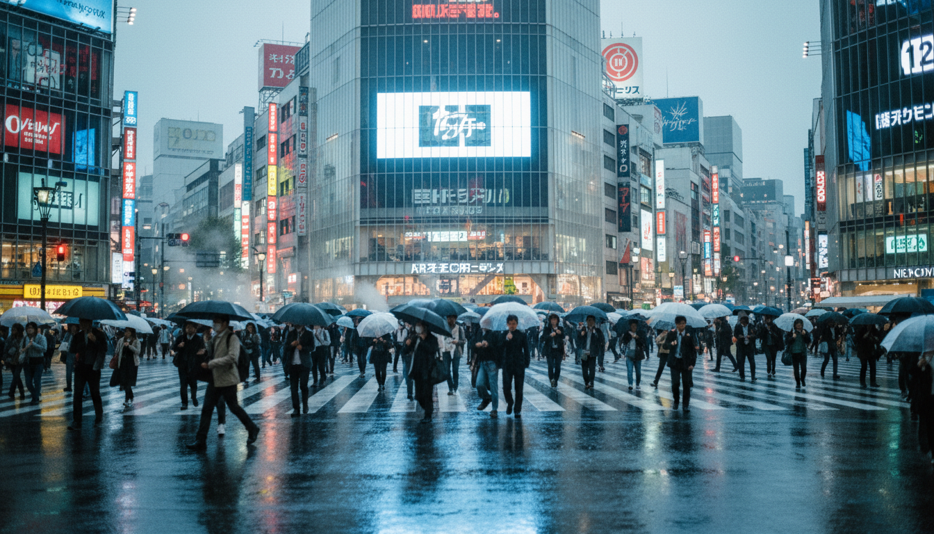 Thousands of pedestrians crossing Shibuya intersection under neon lights in Tokyo