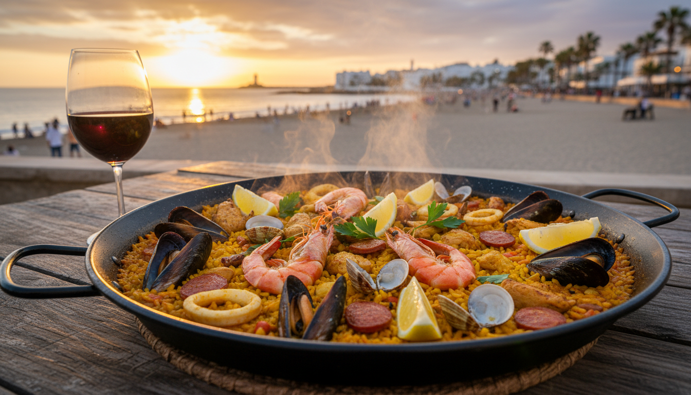 Spain Travel Bucket List: My Personal Journey & Route 1 A traditional dish of Spanish seafood paella served on a rustic table by the Mediterranean Sea.
