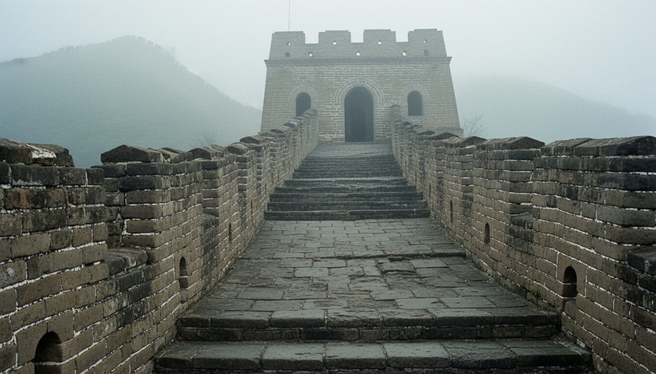 Close up view of the steep stone stairs and an ancient watchtower on the Great Wall of China