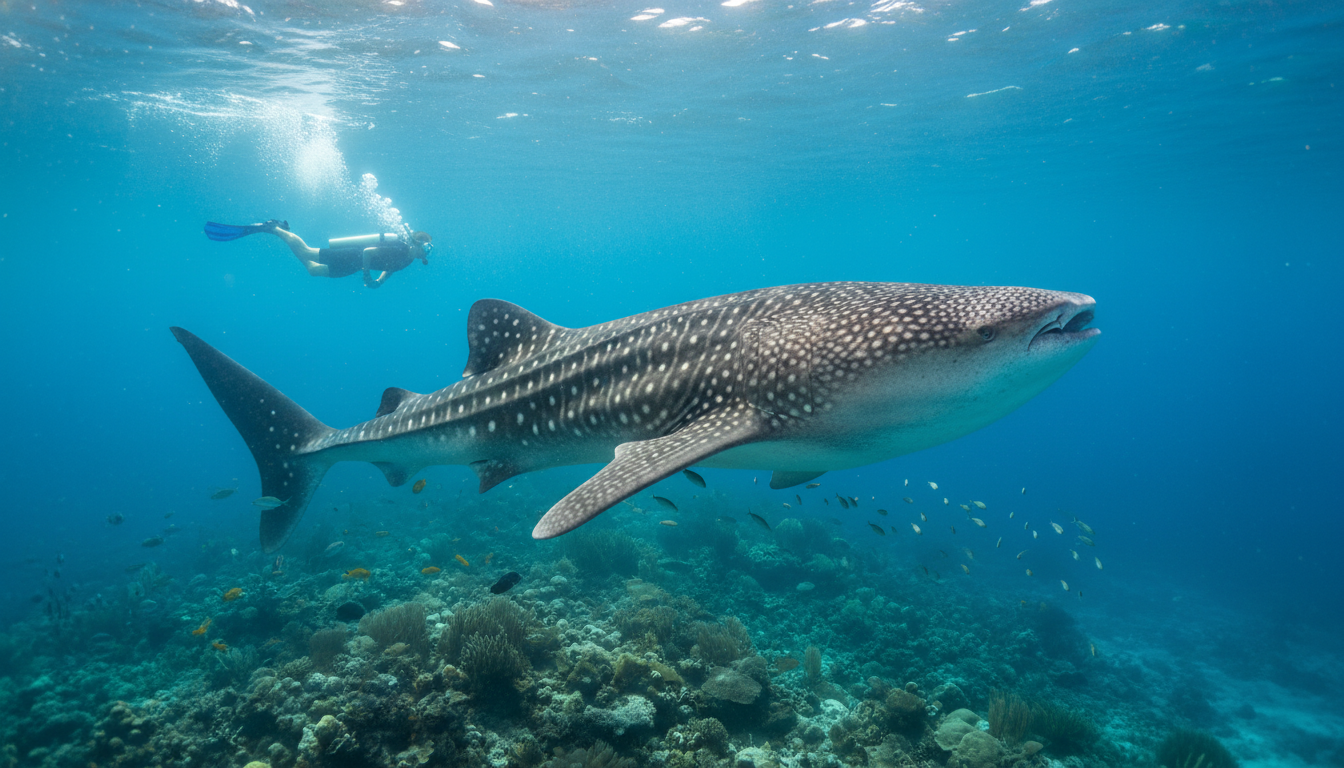 Snorkeler swimming alongside a giant whale shark in clear blue water