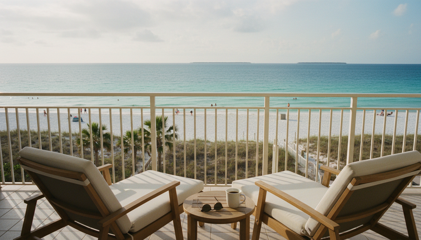 View of white sand beach and turquoise water from a Florida hotel balcony