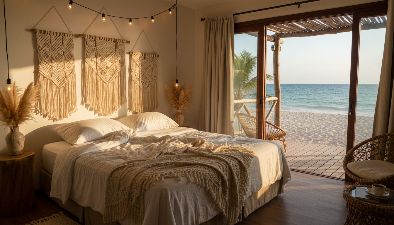 My Honest Review of the Best Beachfront Hotels in Tulum 1 Bohemian hotel room interior opening directly onto a sandy beach in Tulum