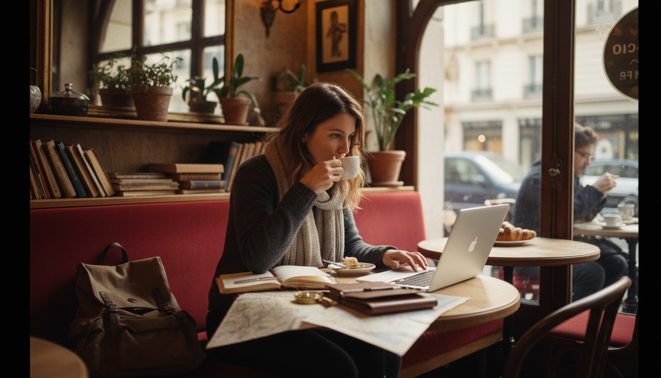 A traveler researching the best hotel room deals on a laptop in a European cafe.