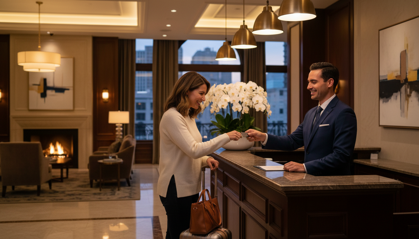 Guest checking into a hotel after securing the best hotel deals at the front desk