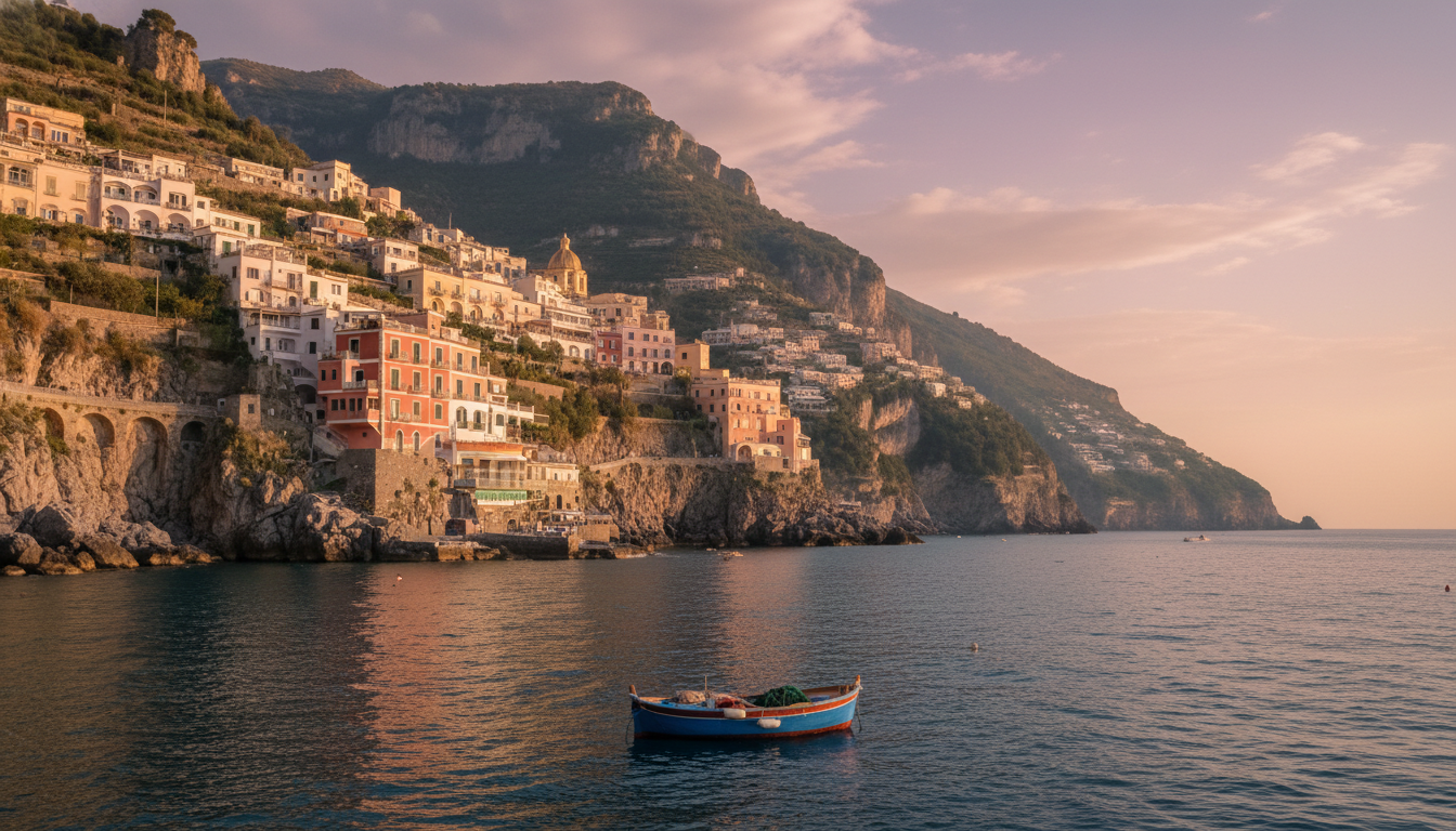Colorful cliffside houses of the Amalfi Coast cascading down to the calm blue Mediterranean Sea at sunset