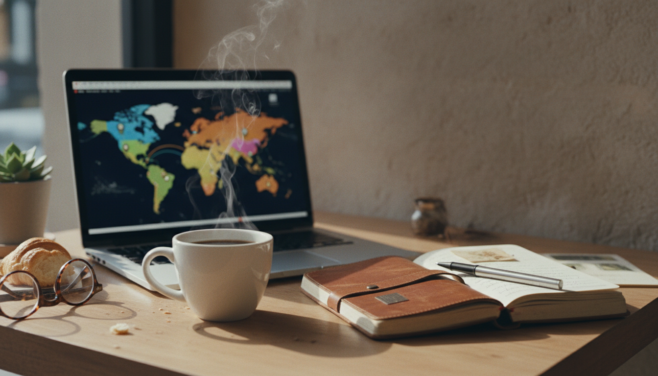 Planning a trip with a laptop, coffee, and a travel journal on a cafe table