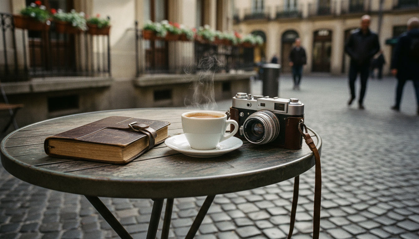 My Secret to Crafting the Perfect Vacation Every Time 1 A leather travel journal and an espresso on a European cafe table