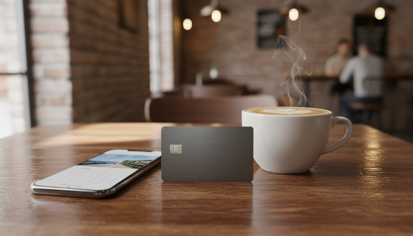 Travel credit card next to a smartphone showing a hotel booking screen