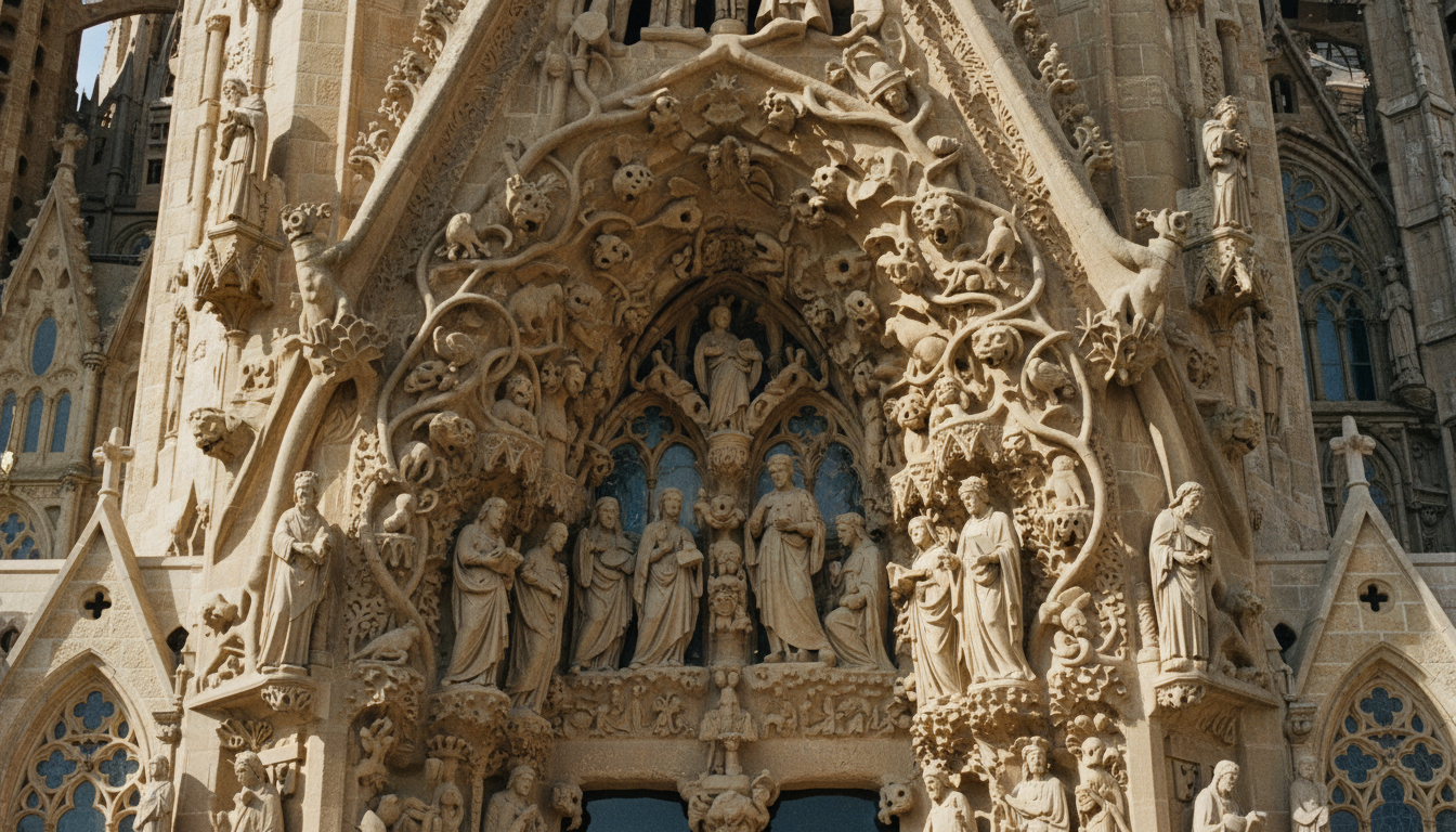 Close up details of the stone carvings on the Nativity Facade