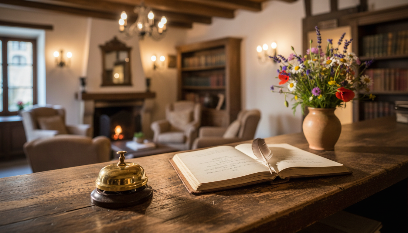 A charming boutique hotel reception desk with a vintage bell and leather guestbook