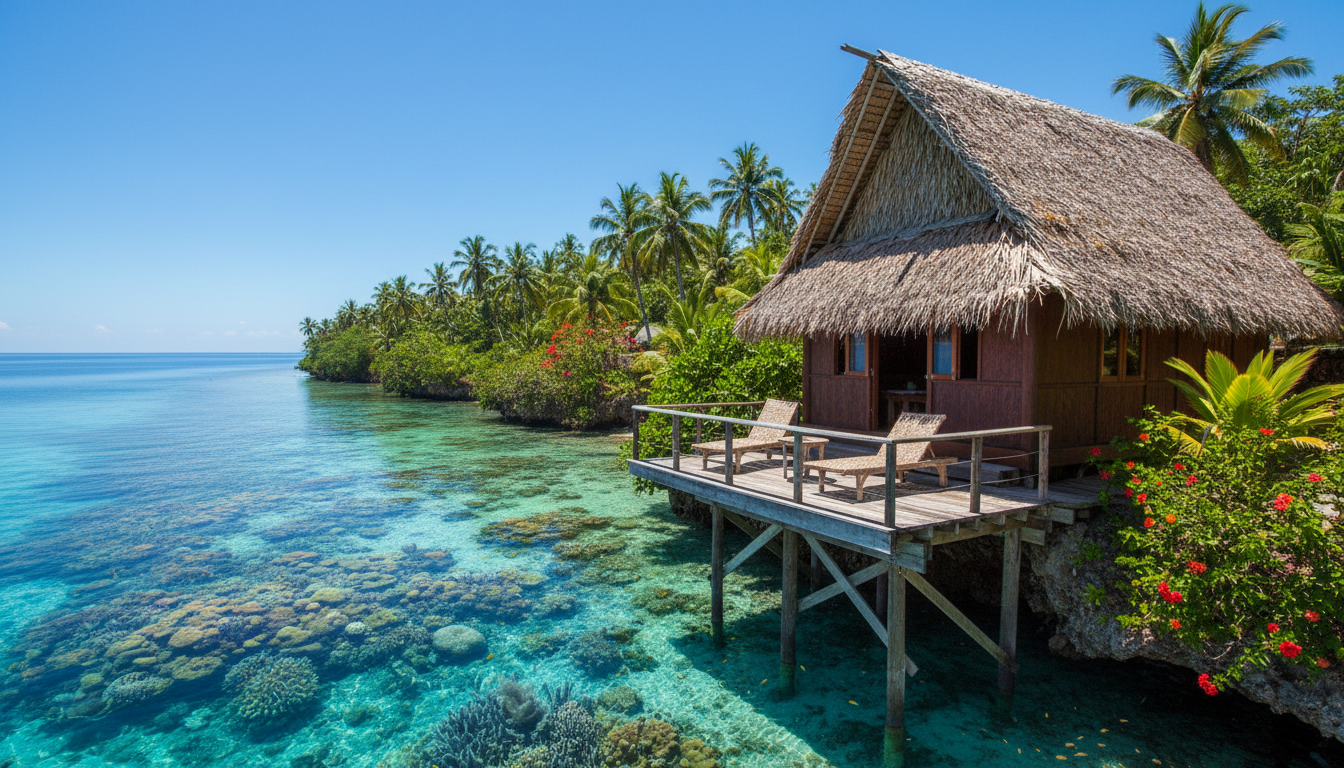 Traditional thatched-roof bure villa facing the ocean at a Fiji family resort