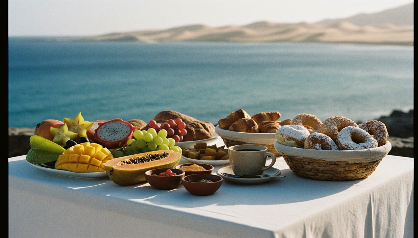 A fresh luxury breakfast spread overlooking the ocean at a resort in Grand Canary