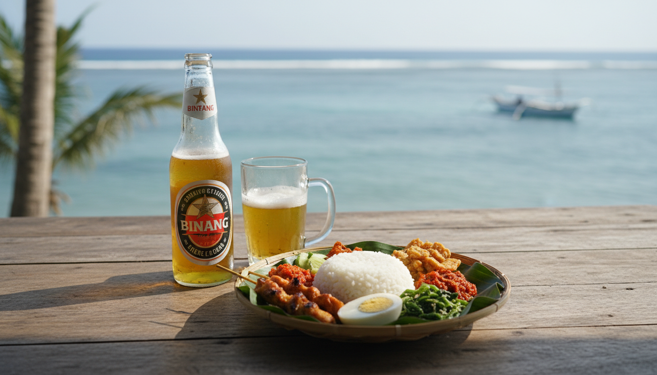 My Transformative Bali Vacation: An Island Journey 1 A traditional plate of Balinese Nasi Campur and a Bintang beer on a wooden table overlooking the ocean.