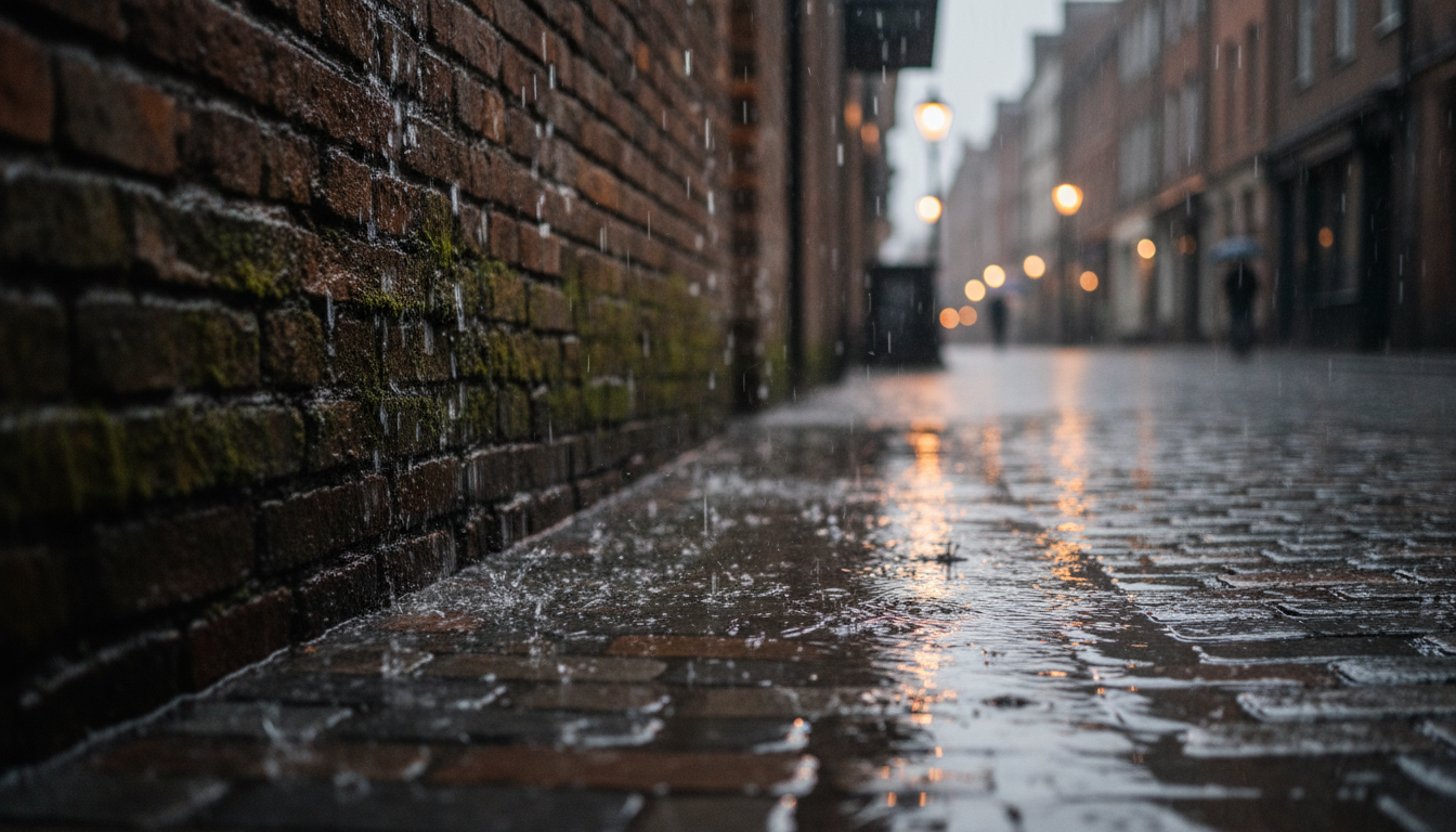 Wet cobblestone streets in a historic city district representing early American history