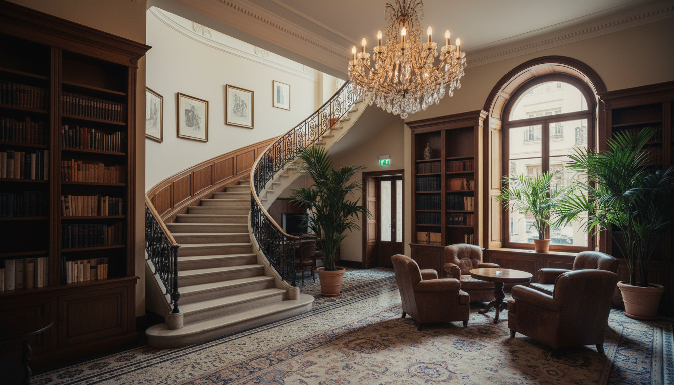 Elegant neoclassical marble staircase inside a boutique hotel in Barcelona