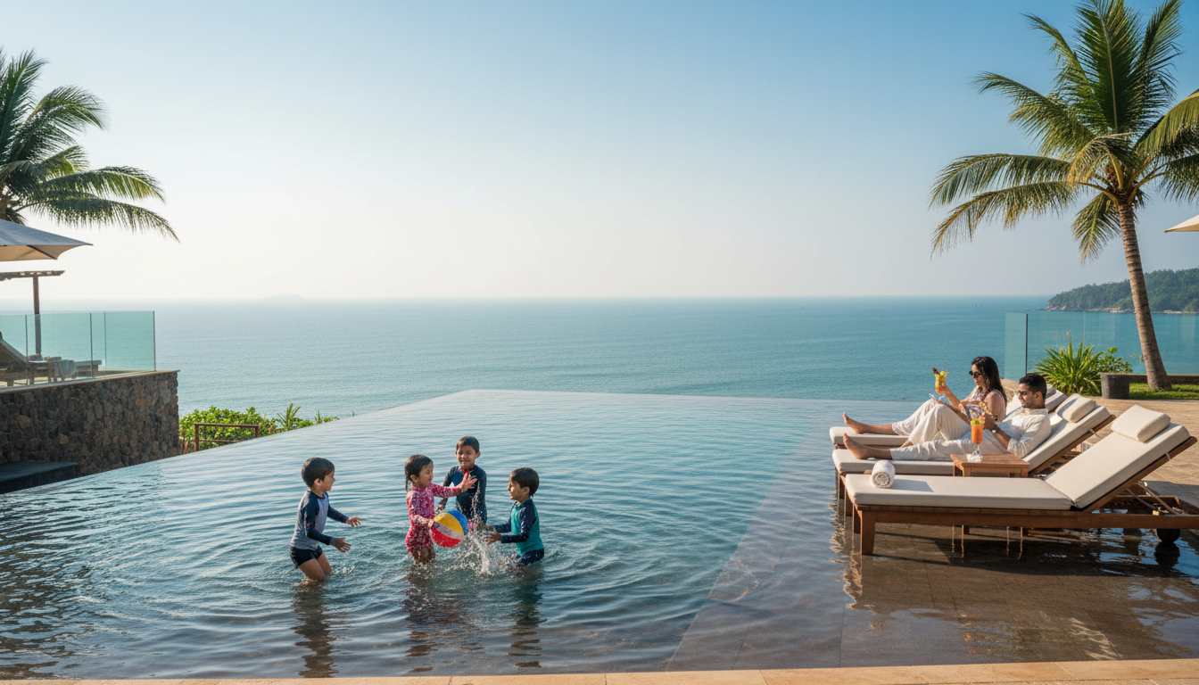 Children playing in a luxurious cliffside infinity pool at a top family resort in Kerala
