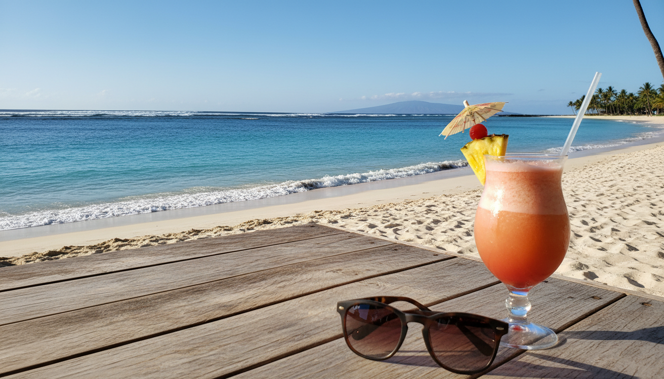 First-person view relaxing on a pristine Hawaiian beach with white sand and clear blue ocean