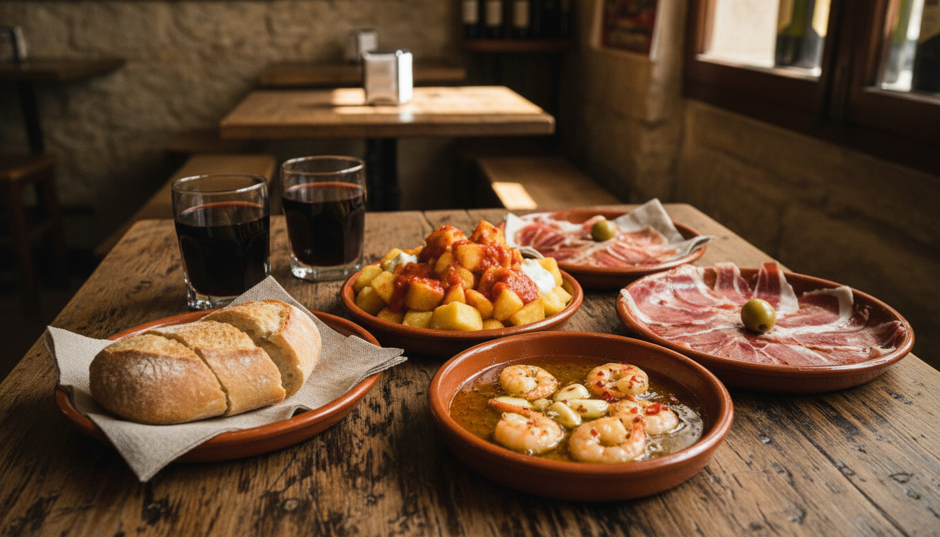 Authentic Spanish tapas with jamon iberico and red wine on a rustic table in Madrid