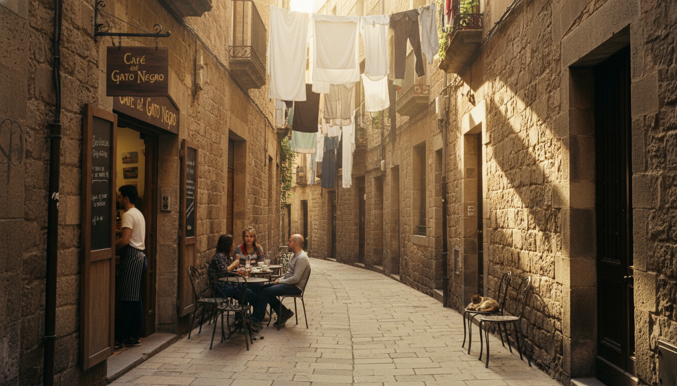 Narrow cobblestone street in the Gothic Quarter of Barcelona with warm sunlight