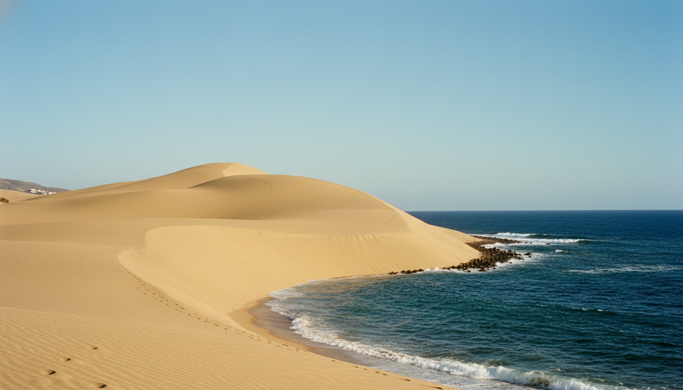 Vast golden sand dunes of Maspalomas meeting the deep blue Atlantic Ocean in Gran Canaria