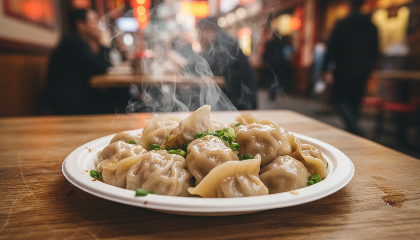 A steaming plate of fresh pork dumplings from a local Chinatown restaurant, highlighting amazing cheap eats in NYC.