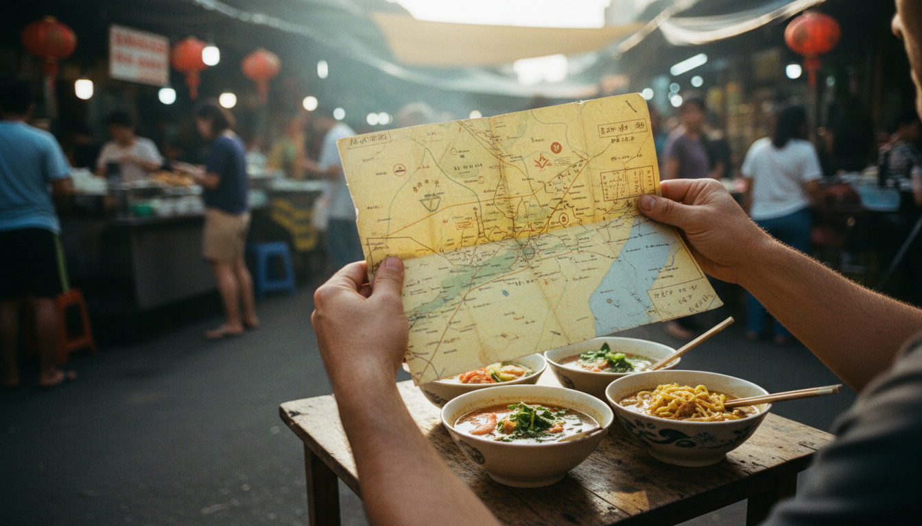 Ultimate Budget Backpacking: My Journey Around the World 1 Traveler checking a map at an authentic street food market in Southeast Asia.