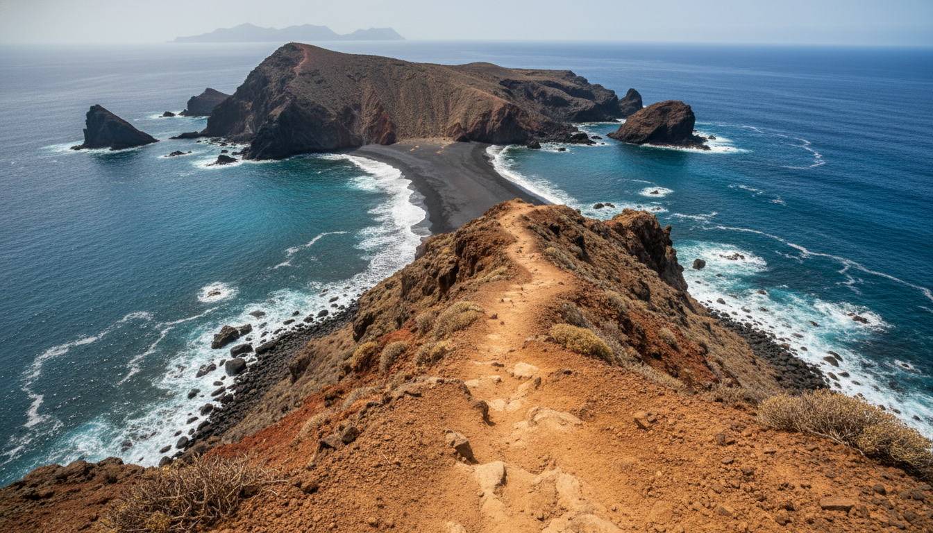 A steep hiking trail leading down the cliffs to reach the secluded shores of the hidden beaches in Tenerife