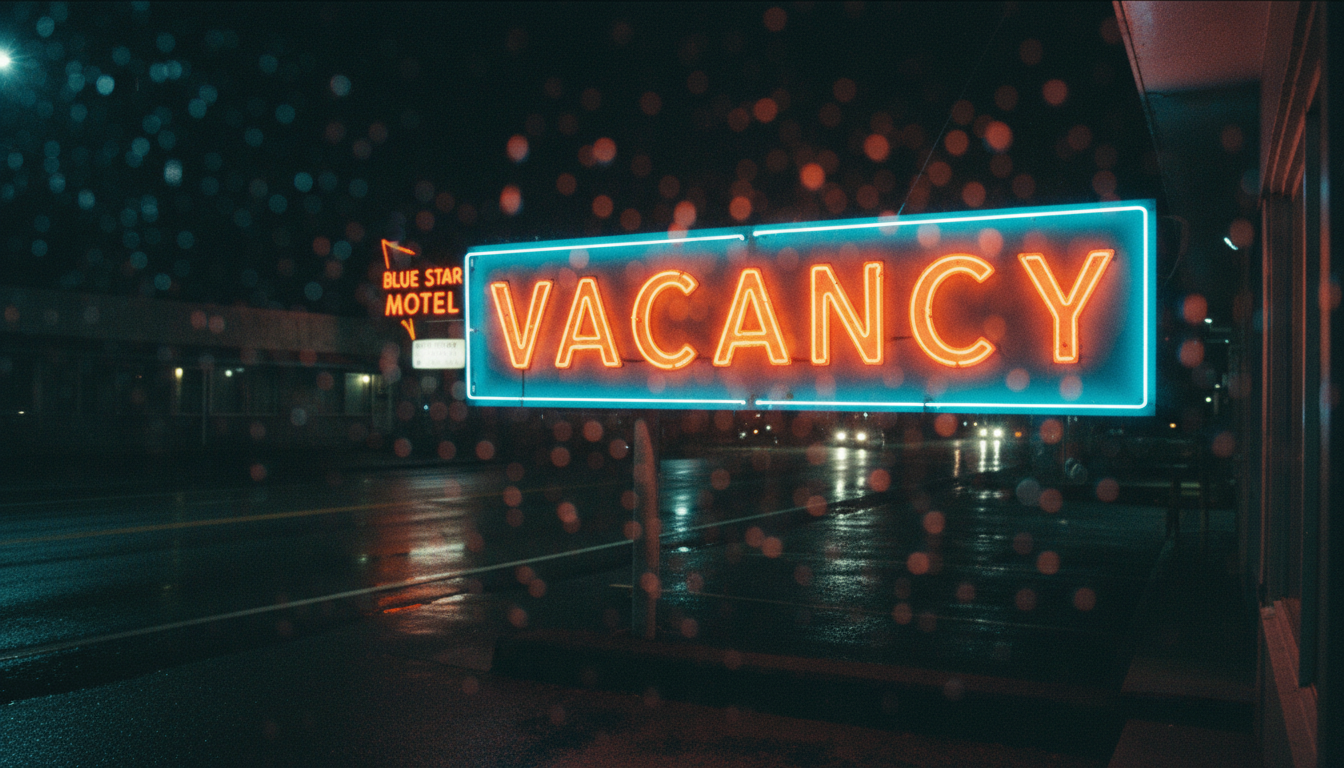 Glowing neon vacancy sign at a roadside hotel at night in the rain