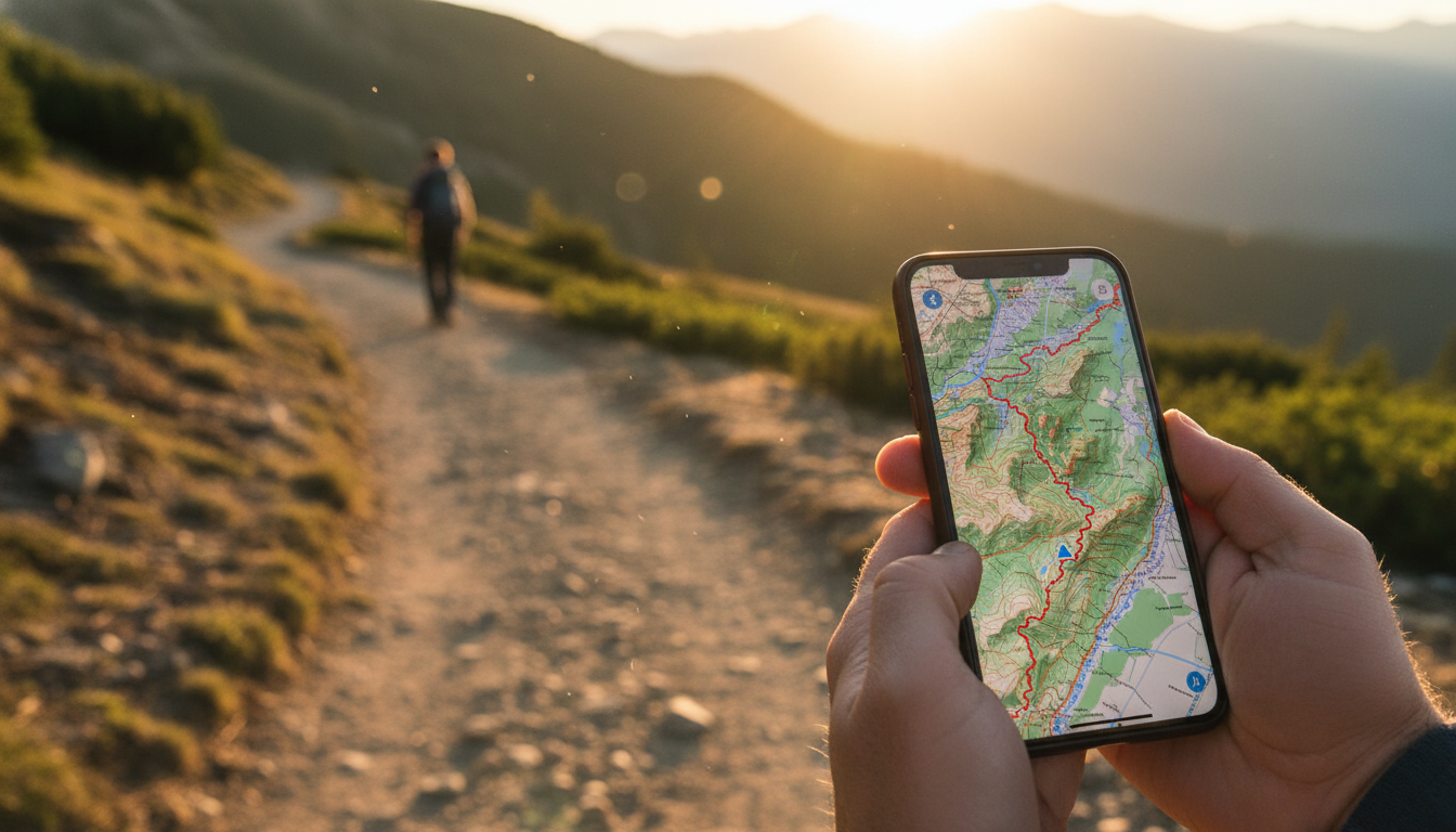 Person navigating a mountain trail using offline maps and top travel planner apps