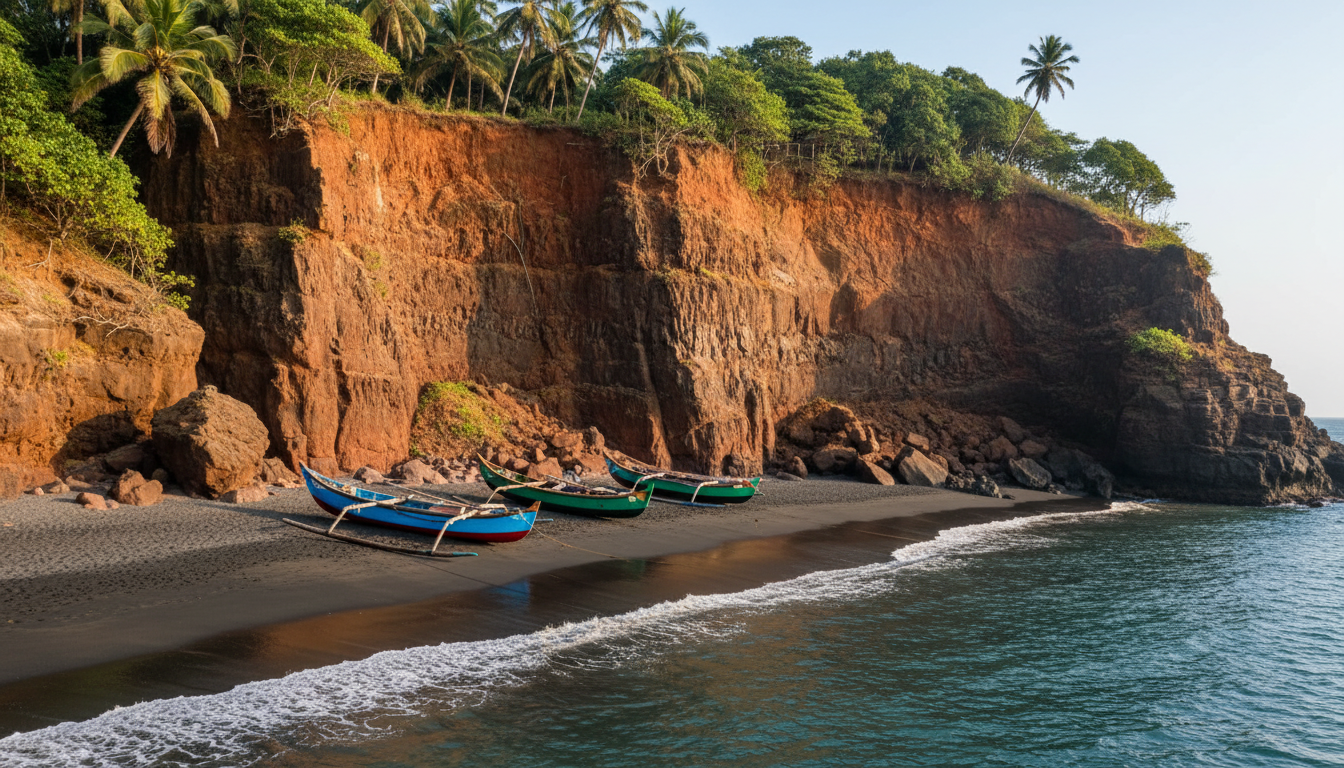 Dramatic red cliffs dropping onto the dark sand of secluded hidden beaches in India.