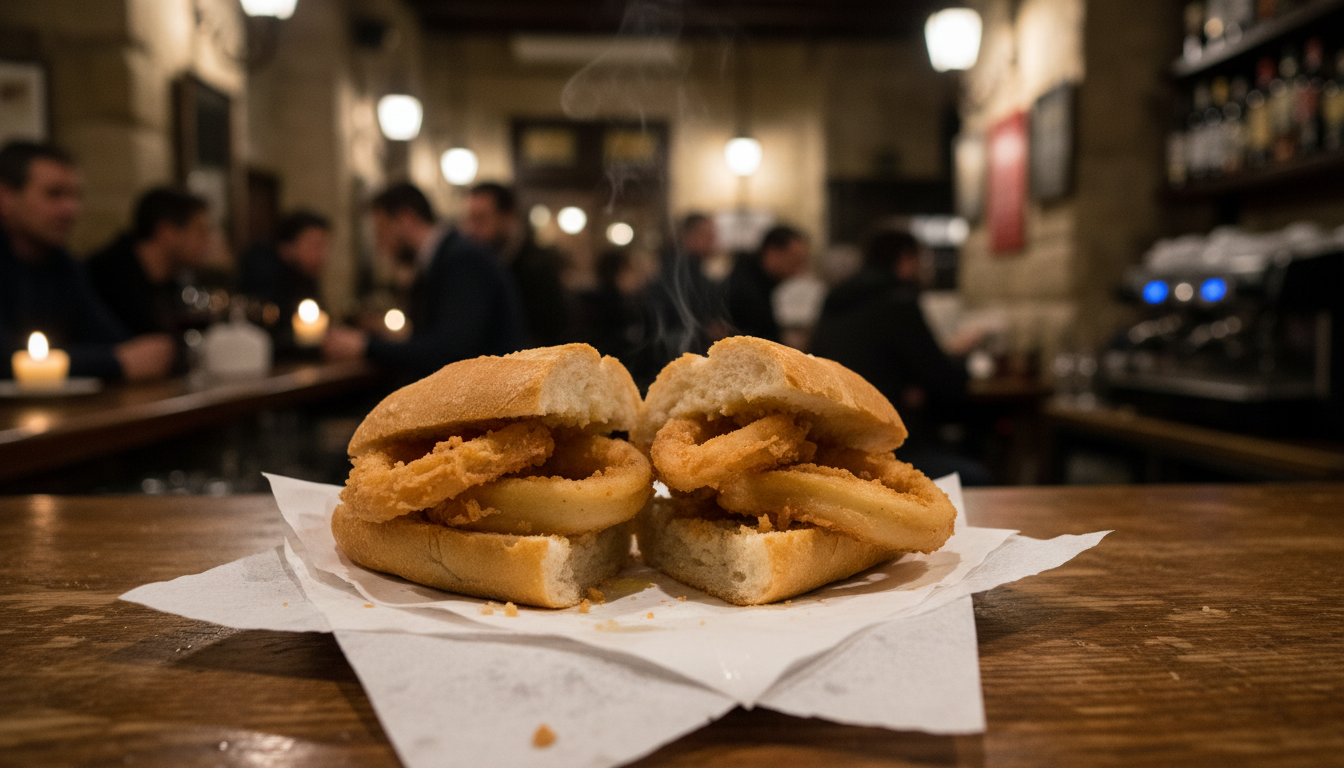 Freshly prepared bocadillo de calamares on a busy bar counter