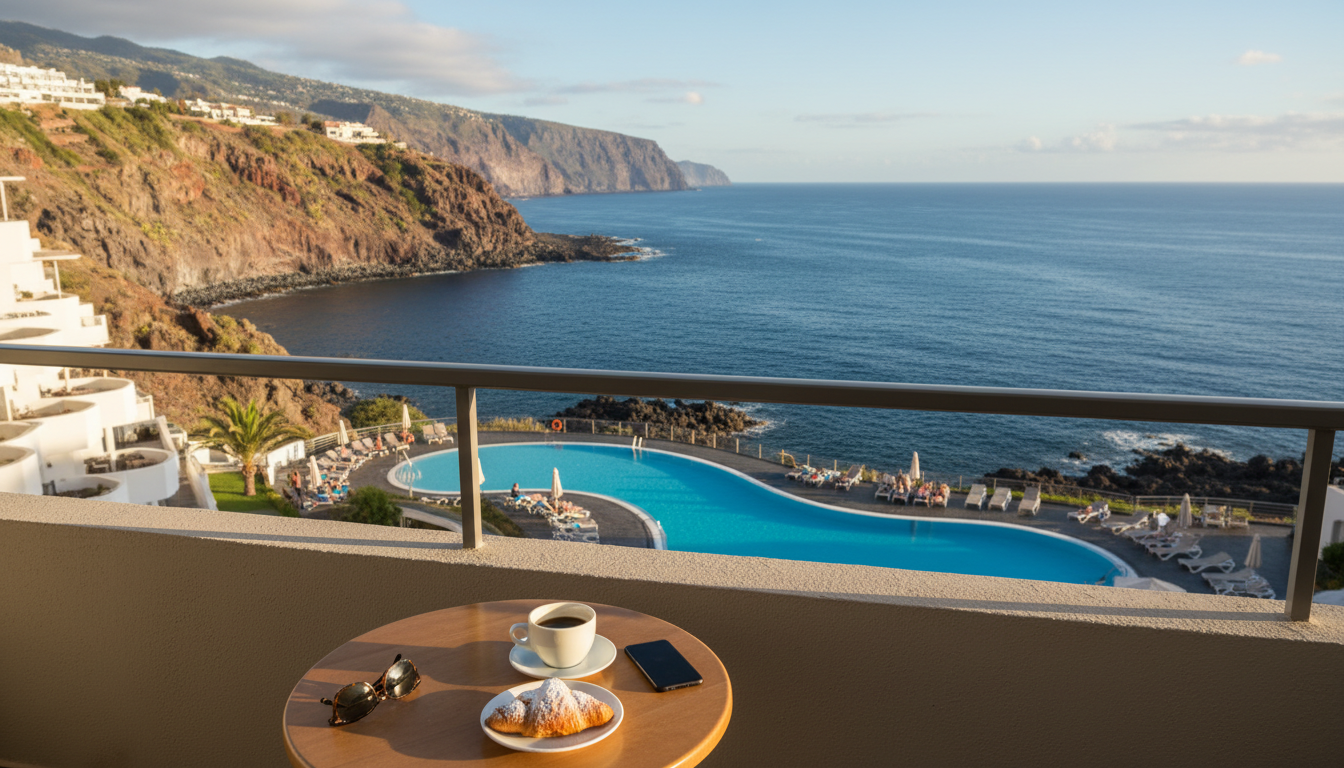 morning view from balcony overlooking one of the best hotels in Tenerife